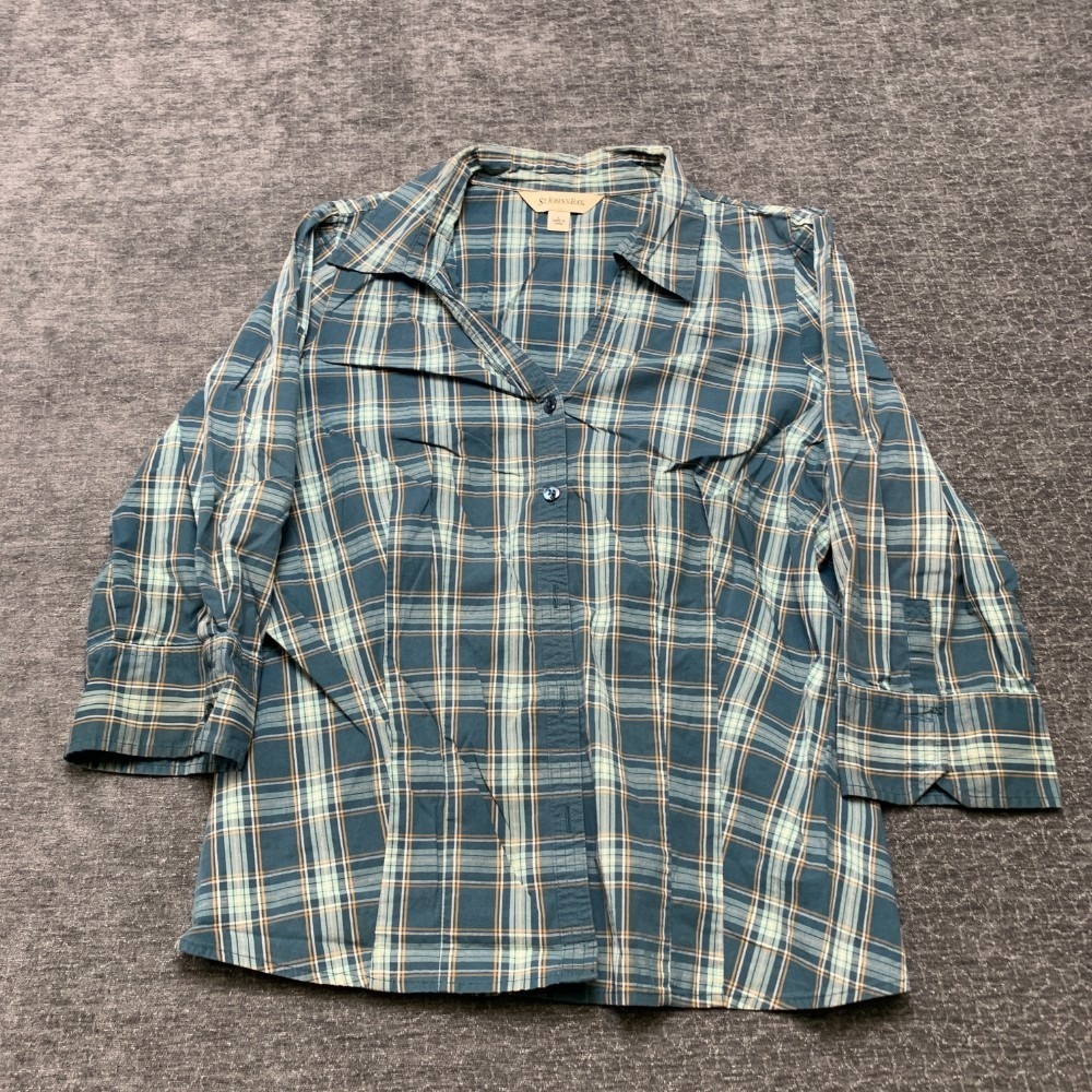St. John's Bay Shirt Womens L Multicolor Plaid Cotton Stretch Formal Button Up